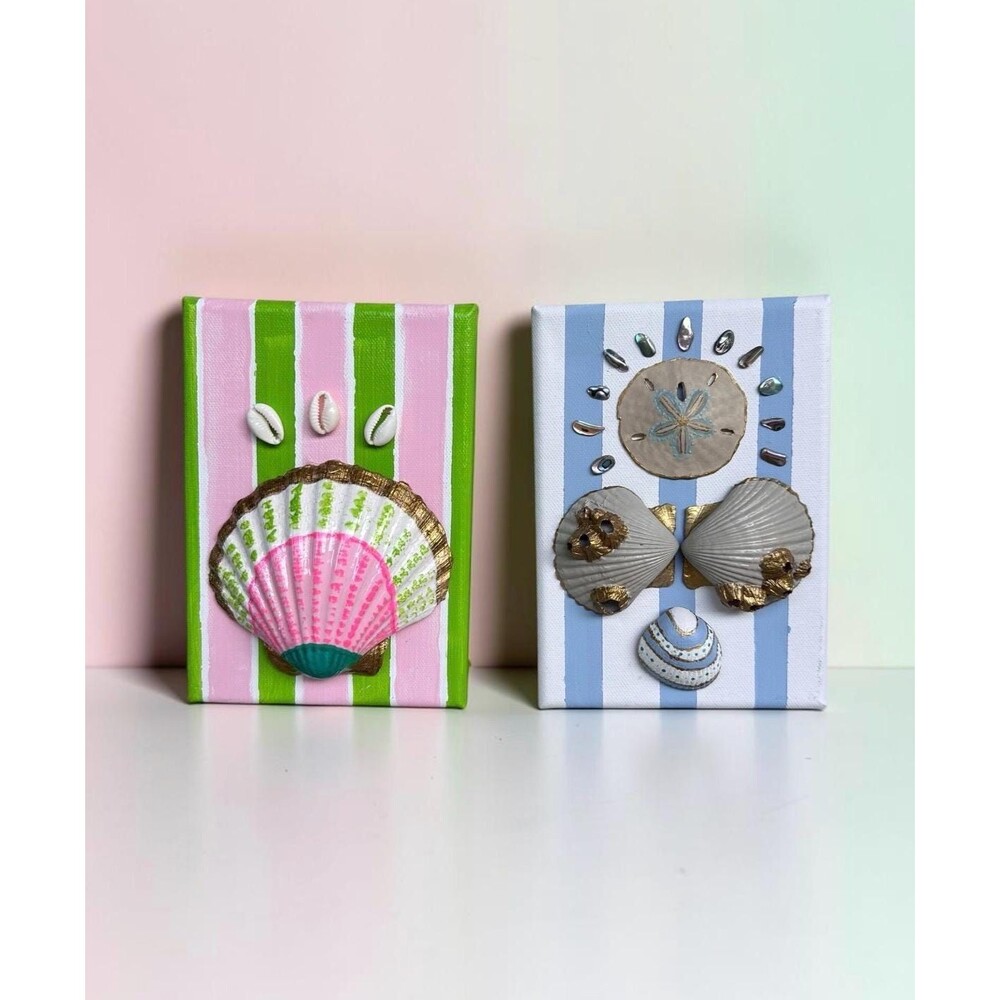 Set of 2 Preppy Beach Handpainted Shell Art Mini Canvas 5x7 Coastal Wall Decor